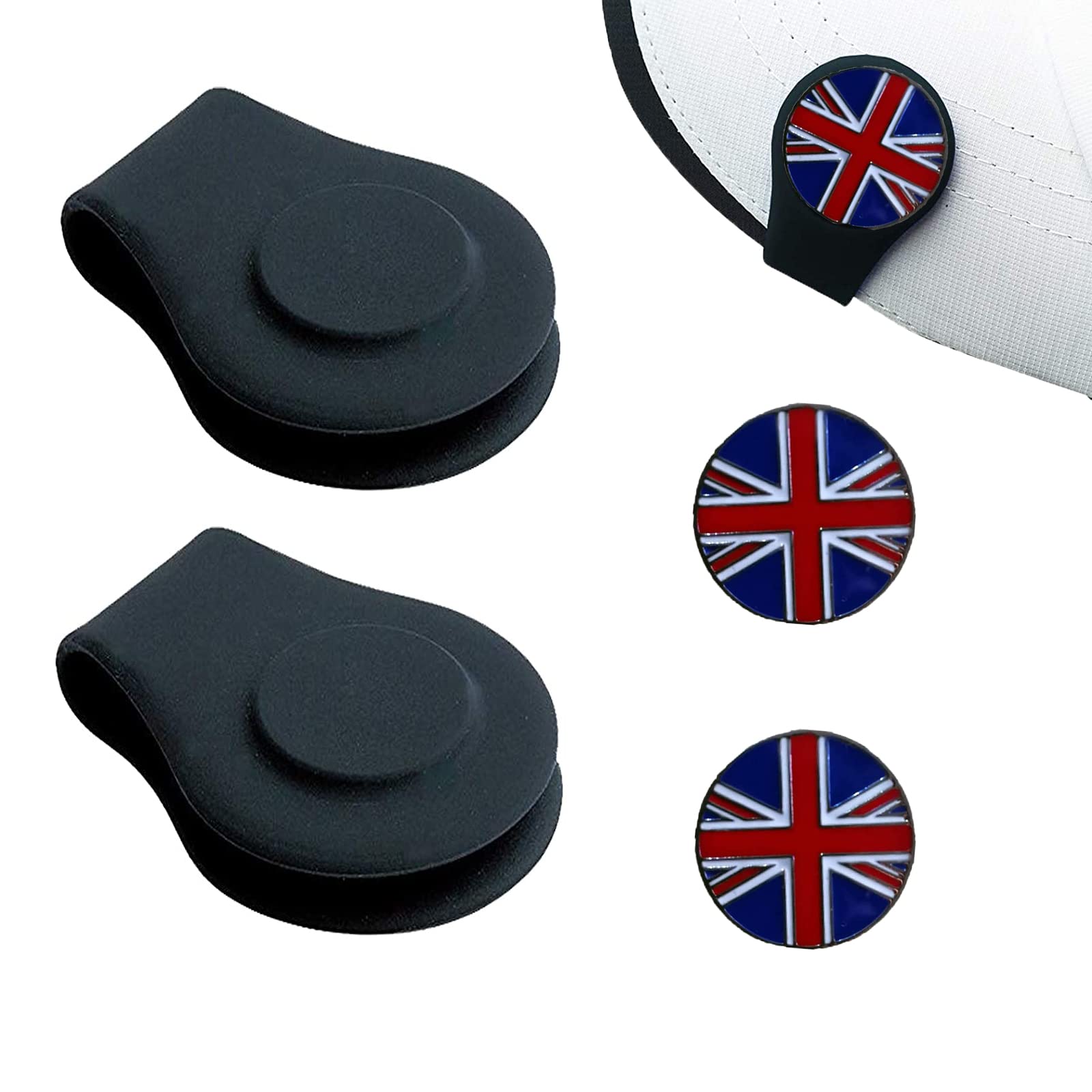 AMRTA Silicone Golf Hat Clip Holder 2 Pcs with 2 Ball Markers Magnetic for Putting Green, Personalised Golf Accessory Gifts for Golfer Men Women Ladies (BLACK + UK FLAG)