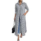 Choichic Shirt Dresses for Women Cotton Button Down Oversized Striped Maxi Dress Cover Up with Pockets
