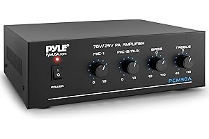 Pyle Compact Mini Home Power Amplifier - 60W Public Address System w/ RCA, 2 Microphone IN, 25/70 Volt Outputs, LED, Input Selector, Mic Talkover, Telephony, Music On Hold - PCM30A