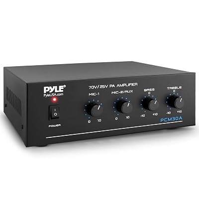 Pyle Compact 60 Watt Power Amplifier - Office, Home, Public Address System w/ RCA, 2 Microphone IN, 25/70 Volt Outputs, LED, Input Selector, Mic Talkover, Telephony, Music On Hold - PCM30A