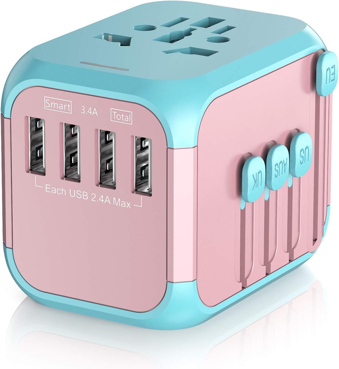 SAUNORCH Worldwide Travel Adapter,Universal Travel Adapter International Travel Adaptor European Power Plug Adapter W/4xUSB Wall Charger and Universal Socket Outlet for UK USA EU AU Asia - Pink