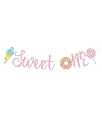 KUNGOON Sweet One Geburtstags-Banner – Eiscreme-Donut-Design, Für 1. Geburtstag & Babyparty, Rosa