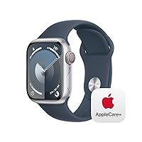 Apple Watch Series 9 [GPS + Cellular 41mm] Smartwatch with Silver Aluminum Case with Storm Blue Sport Band M/L with AppleCare+ (2 Years)