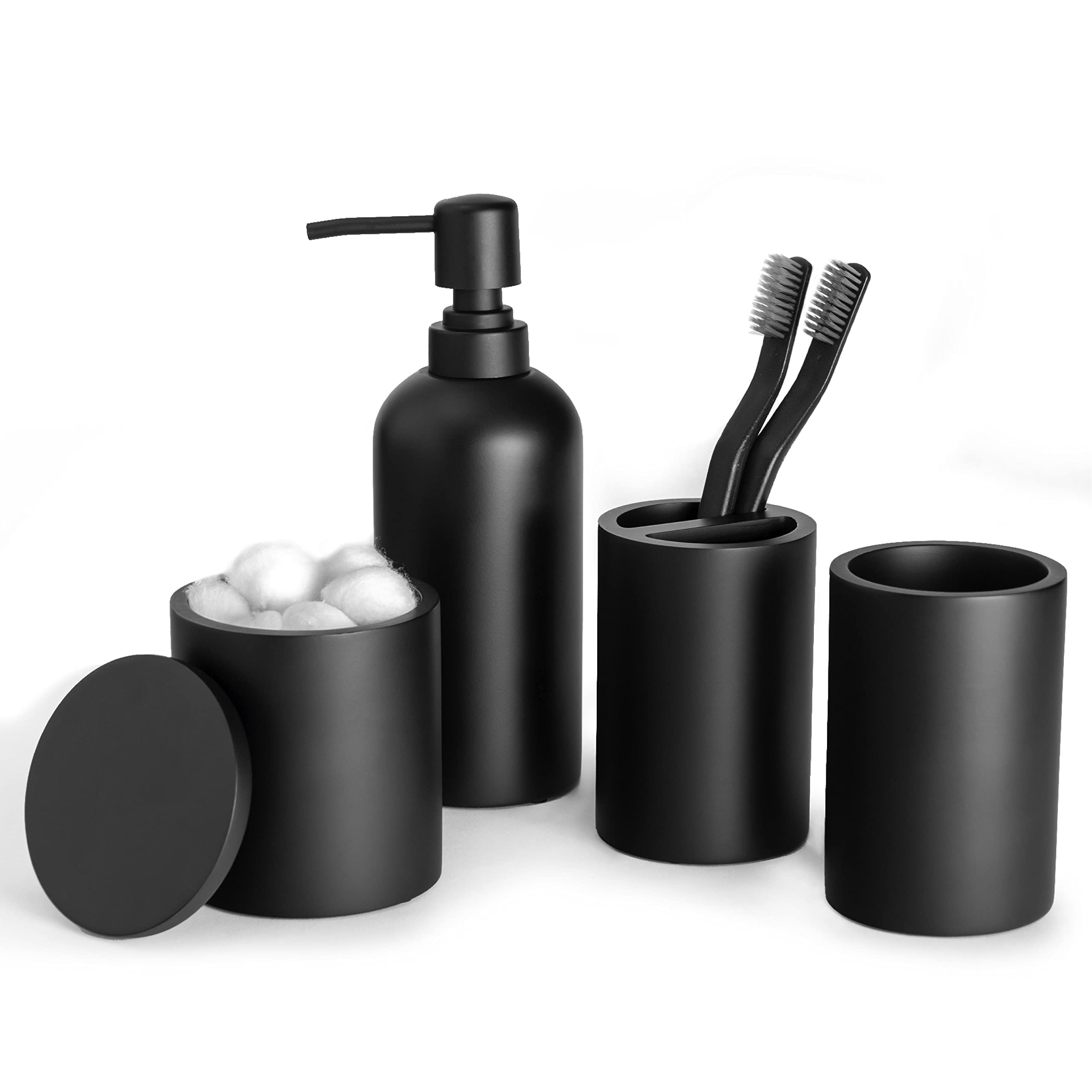 Jo Lavie Bathroom Accessories Set, 4 Pcs Complete Resin Bathroom Accessory - Matte Black, Modern Decor Vanity Organizer Lotion Soap Dispenser Apothecary Jar Toothbrush Holder Toothbrush Cup
