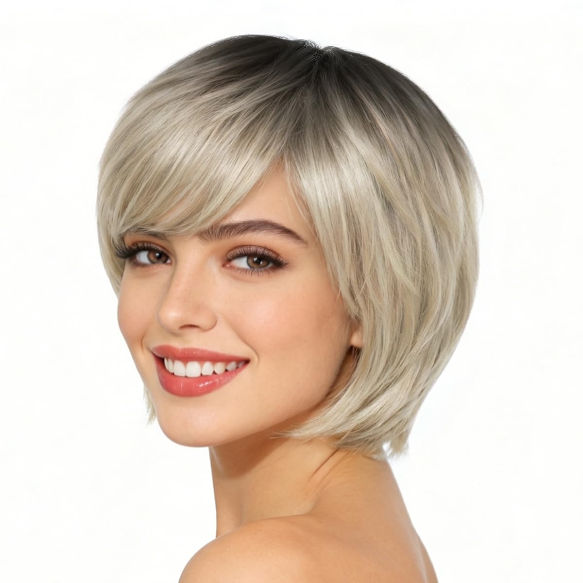 Yamel Ombre Blonde Wig Pixie Wig with Bangs for Daily Use or Cosplay, Natural Straight Layered Synthetic Hair Short Wigs for Women Ladies — image 1