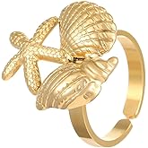 NewZenro Boho Starfish Shell Finger Statement Ring for Women Cute Gold Plated Seashell Star Wrap Open Adjustable Band Rings Comfort Fit Summer Beach Ocean Holiday Trendy Jewelry