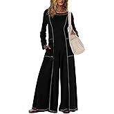 FASHIONSPARK Womens Long Sleeve Jumpsuit Wide Leg Dressy Casual One Piece Outfit Oversized Long Romper with Pockets