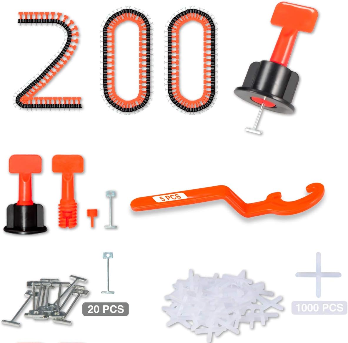 Tile Leveling System 1/16" Kit Reusable, 200pcs Tile Leveler Spacer with 1000pcs 1/12" Tile Spacers, 5pcs Wrench and 20pcs 1/16" Replaceable Spare Steel Pin (200) - - 