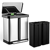 GarveeHome Trash Can, 2 x 8 gal Garbage Can for Kitchen, Recycling Kitchen Step Trash Can with Soft-Close Lid, 2 Compartments, 2 Plastic Inner Buckets and Hinged Lids, Silver