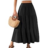 HUSKARY Women's Summer Casual Elegant Smock Layered Tiered Maxi Skirt High Waisted A Line Flowy Long Skirts with Pockets
