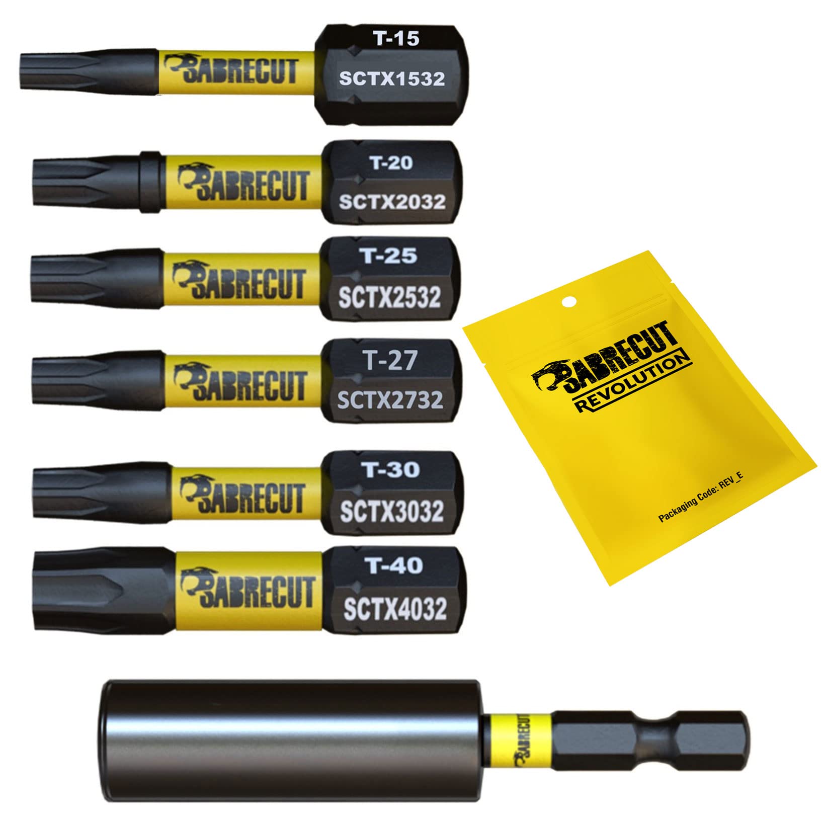 7 x SabreCut SCRK32TX 32mm T15 TX15 T20 TX20 T25 TX25 T27 TX27 T30 TX30 T40 TX40 Magnetic Impact Screwdriver Driver Bits Set Torx Heavy Duty