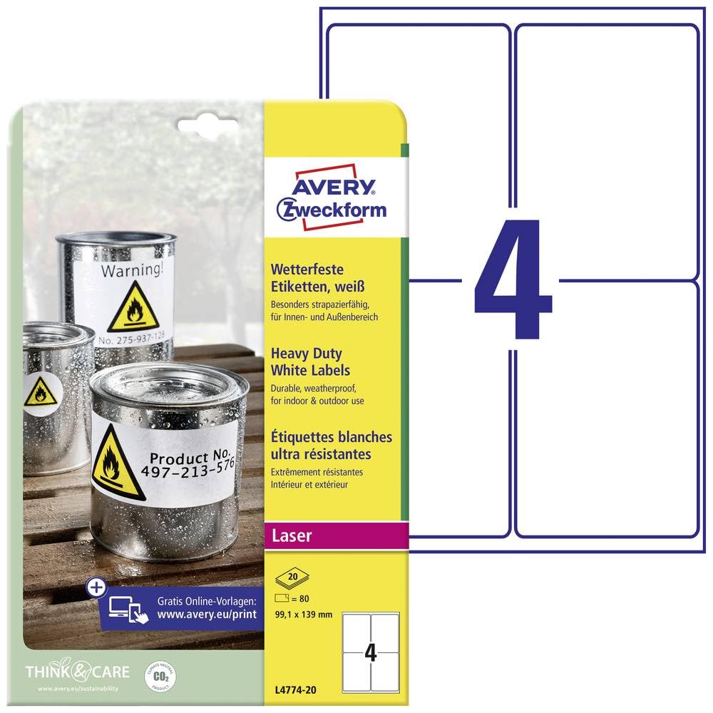 Avery Zweckform L4774-20 Heavy Duty White Labels 99.1 x 139 mm Weather-Resistant 20 Sheets / 80 Labels White