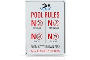 THTEN 14" x 10" Pool Rules Sign,Swimming Pool Warning Metal Sign,No Diving No Running No Food No Glass Sign .040 Aluminum UV Protected and Weatherproof,Indoor & Outdoor Use