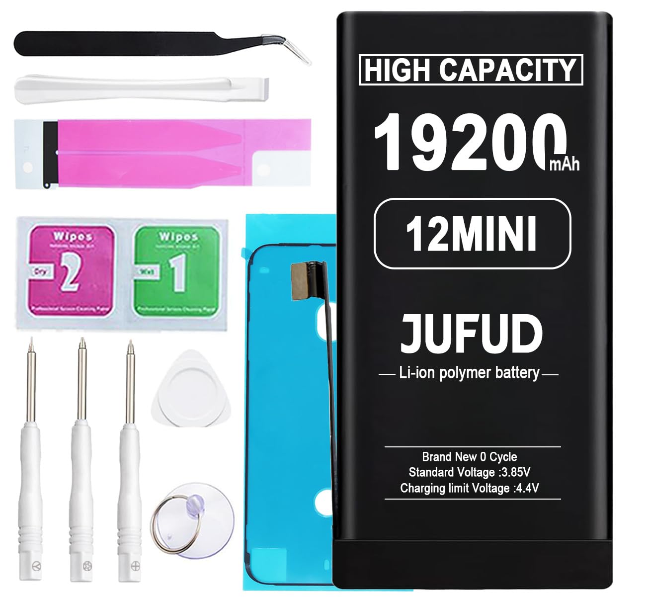 Photo 1 of JUFUD 19200mAh Replacement Battery Used for iPhone 12 Mini - 0 Cycle Battery Compatible with Models A2176 A2398 A2400 A2399 with Full Repair Tool Kit