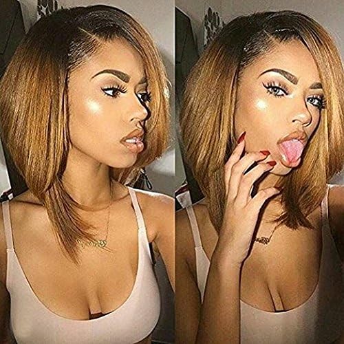 Human Hair Short Bob150% Straight honey blonde ombre Lace Front wigs Black to Honey Blonde Human Hair Wig For Women (8 Inch, full lace wig)
