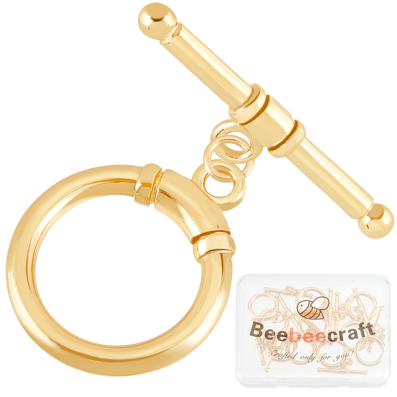 Beebeecraft 10 Sets 18K Gold Plated Toggle Clasps Connectors Round Ring Small Toggle T Bar Clasps Sets for Jewellery Necklace Bracelet Earring Making 0.55x0.67 Inch