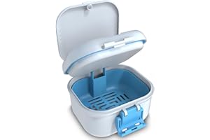 BVN Leakproof Denture Cup, Upgraded Carrying Storage, Denture Bath Box with Filter, Denture Cup for Soaking Dentures, Travel Retainer Cleaning Case (White+Blue).