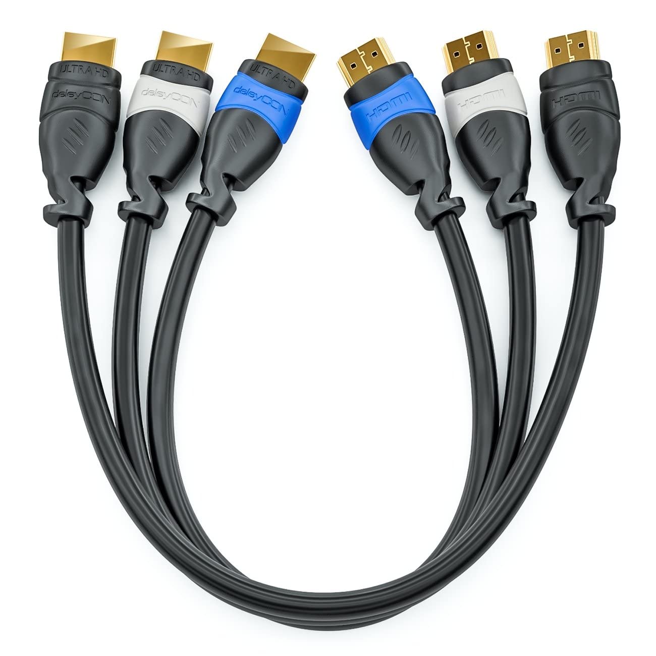 deleyCON 3x 0.5m (1.64 ft.) HDMI Cable Set Compatible with HDMI 2.0a/b/1.4a - UHD 4K HDR 3D 1080p 2160p ARC - High Speed with Ethernet - Blue Grey Black