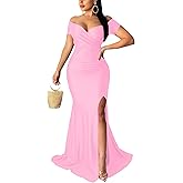 Women Sexy Off Shoulder Prom Evening Gowns Elegant V Neck Short Sleeve Wrap Formal High Split Wedding Guest Dress