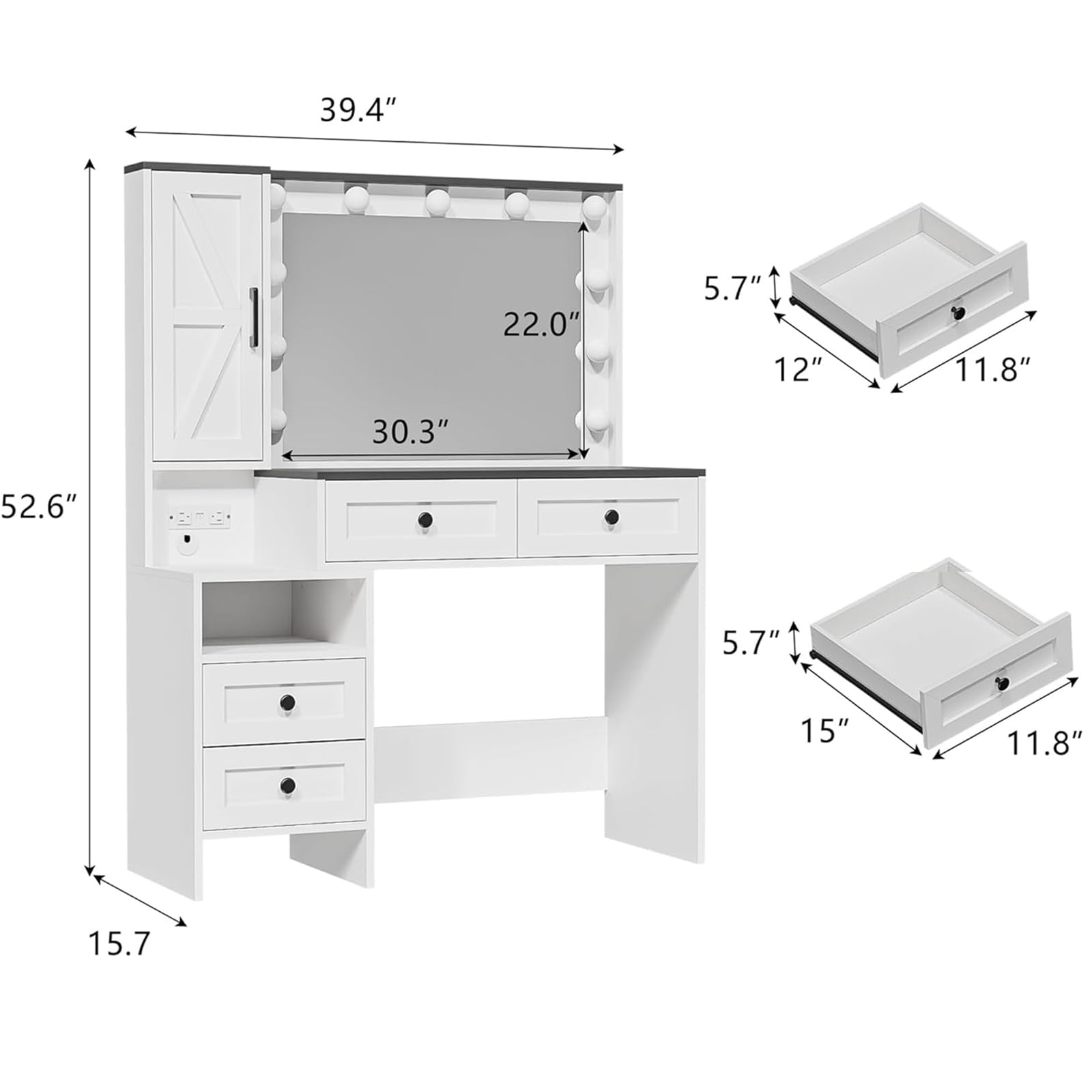 elifine Makeup Vanity Desk with Mirror and Lights - 40'' Farmhouse Vanity Table with Power Outlet & 4 Drawers, 3 Color Lighting Mode, Bedroom Dressing Table for Girl, Women