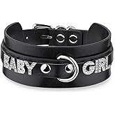 ADEMISHIA Women's Black Leather Choker Necklace with Rhinestone Letters, Adjustable Punk Gothic Custom Name D-ring Collar Jewelry For Women
