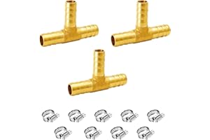 NICOLEKAY 1" Brass Barb Tee Fittings T-Shaped 3 Ways Union Hose Barb Pipe Fitting with 9pcs Stainless Steel Pipe Clamp for Water/Fuel/Air (Pack of 3)
