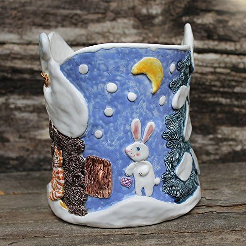 Winter sculptural ceramic planter, Christmas tree lavander blue vase, plant pot, rabbit, planter,art ceramics,flower pot, utensil holder