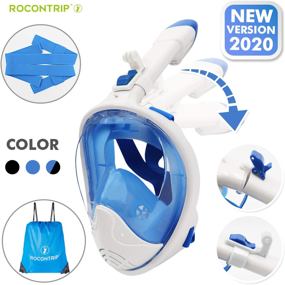 ROCONTRIP Snorkeling Mask,Full Face Snorkel Diving Mask 180°View Panoramic Design,Anti-Fogging Anti-Leak with Adjustable Head Straps with Longer Snorkeling Tube for Man Woman Adult Youth Kid (L/XL)