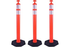 OranclUS Reflective Rubber Base Traffic Delineator Post - Heavy-Duty Safety Bollards for Parking Lot Markers, Road Construction, Driveway Warning - with Reflective Strips (3 Pack - 45 Inch)
