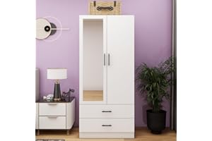 GraceGrove Modern White 2 Door Wardrobe Closet with Mirror, 2 Drawers & 2 Shelves for Bedroom