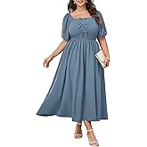 SCOMCHIC Women's Plus Size Cocktail Dress Milkmaid Bow Front Short Sleeve Square Neck Smocked Wedding Guest Maxi Dress