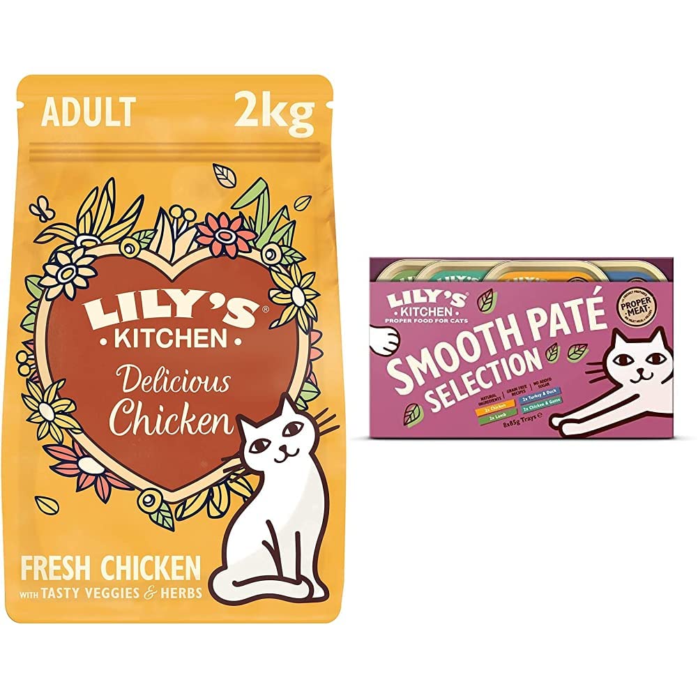 Lily's Kitchen Everyday Favourites Wet Cat Food (4 Packs x 8 Trays x 85 g) and Delicious Chicken Dry Cat Food (2 kg)