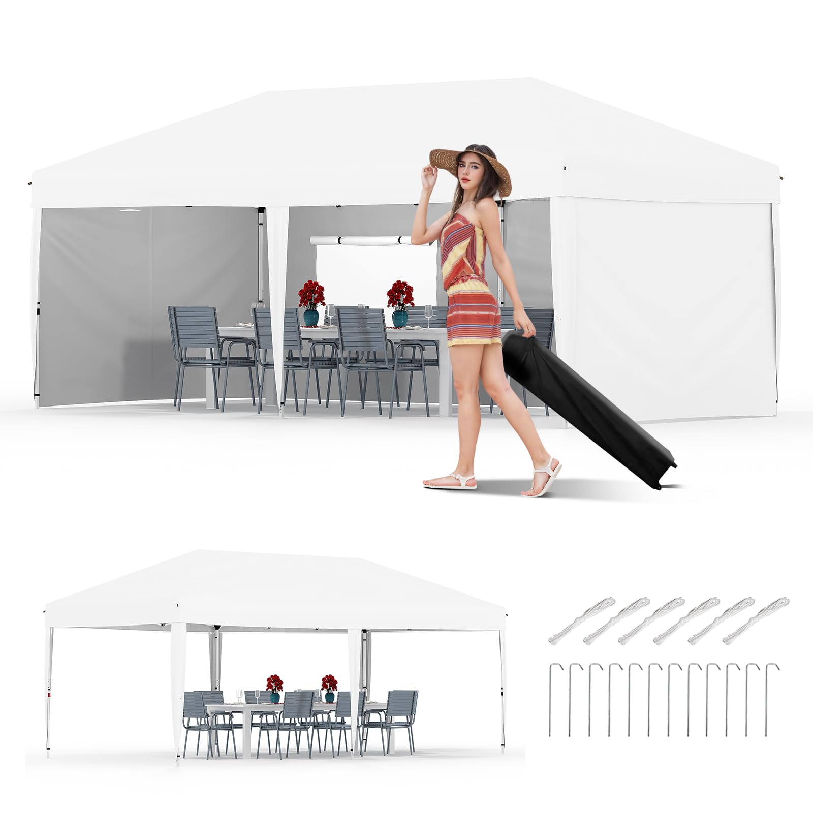 Photo 1 of *** PARTIAL SET *** GarveeLife 10x20 Pop Up Canopy with 4 Sidewalls - Heavy Duty Outdoor Canopy Tent with Portable Roller Bag - 3 Adjustable Height, 4 Weight Bags, 8 Stakes & 6 Guy Ropes Included, White