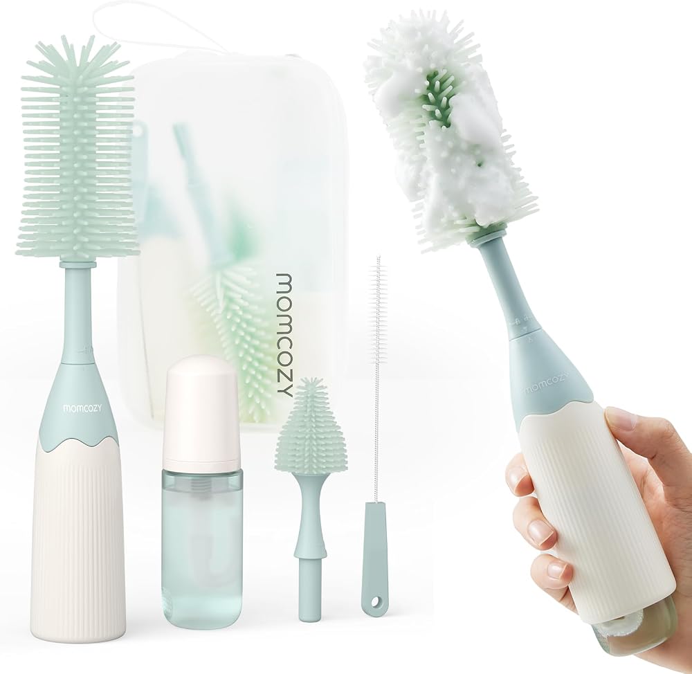 Momcozy Baby Bottle Brush Kit, Push-Press Foam Design, Green | Portable for Home & Travel, Bottle Cleaner Brush for Breast Pu
