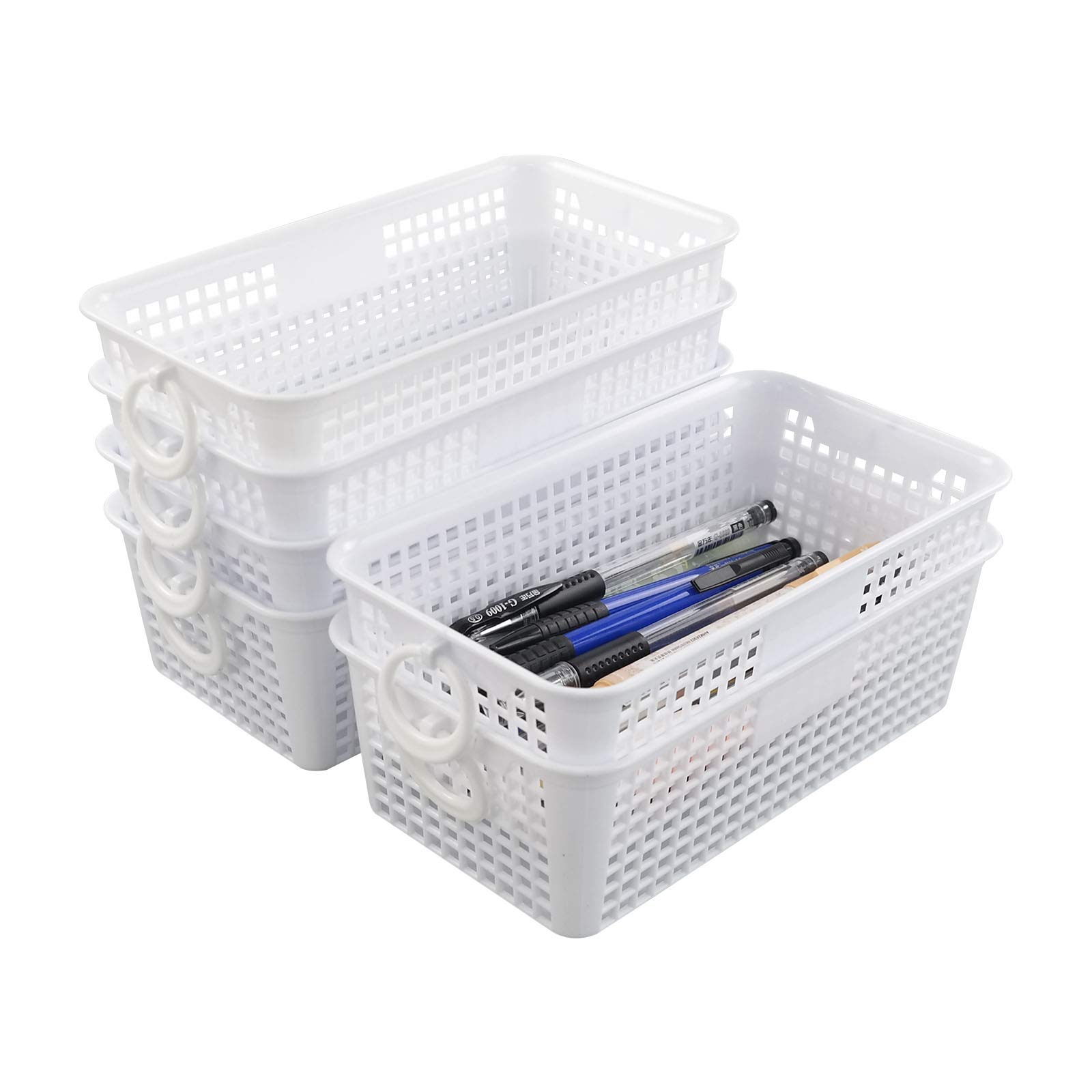 Cadineer 6 Packs Mini Storage Basket with Handles, Plastic Home Baskets, White, F