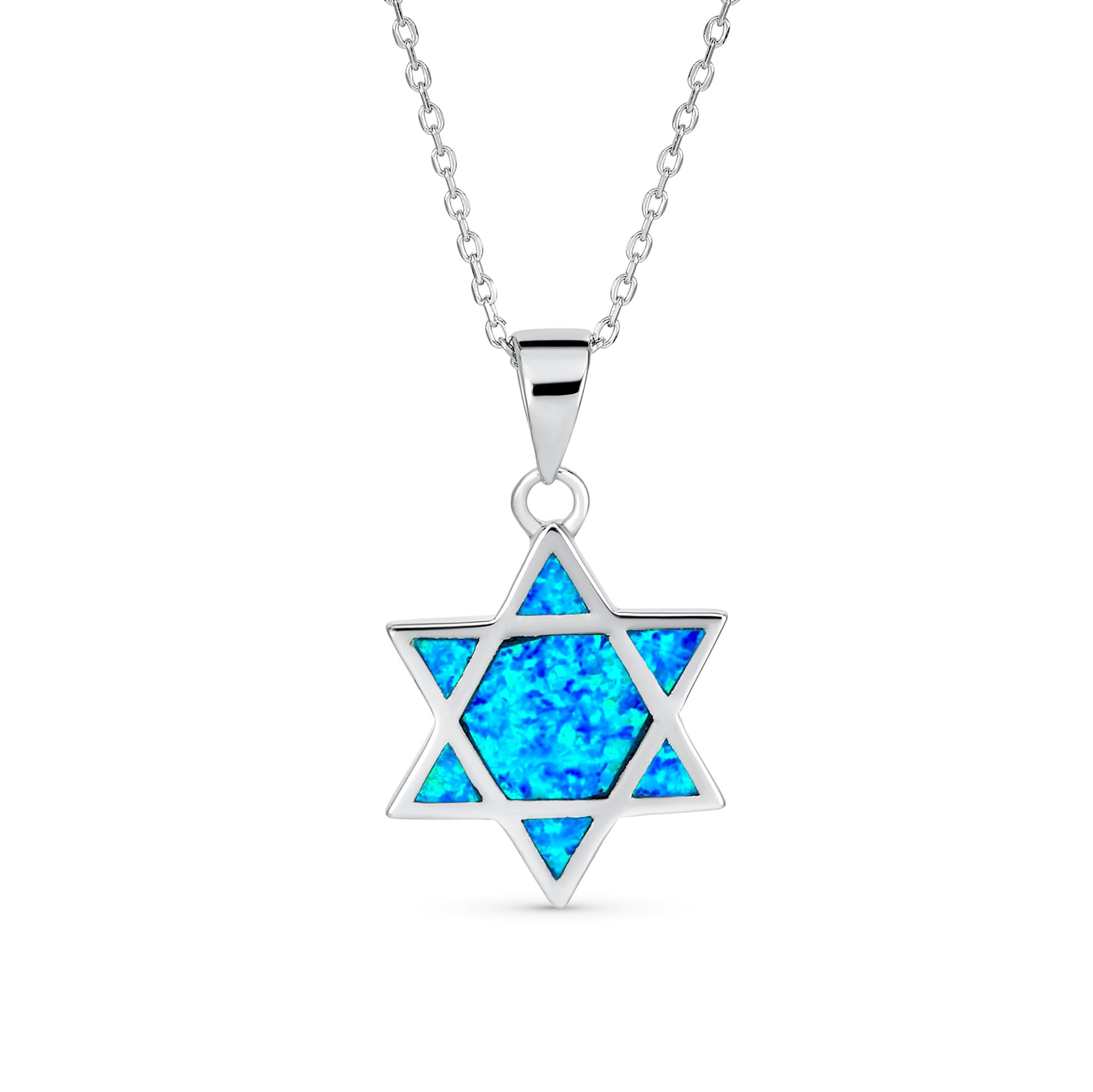 Bling Jewelry Hanukkah Magen Judaic Inlay Created Blue Opal Star Of David Pendant Necklace For Bat Mitzvah For Women Teen .925 Sterling Silver