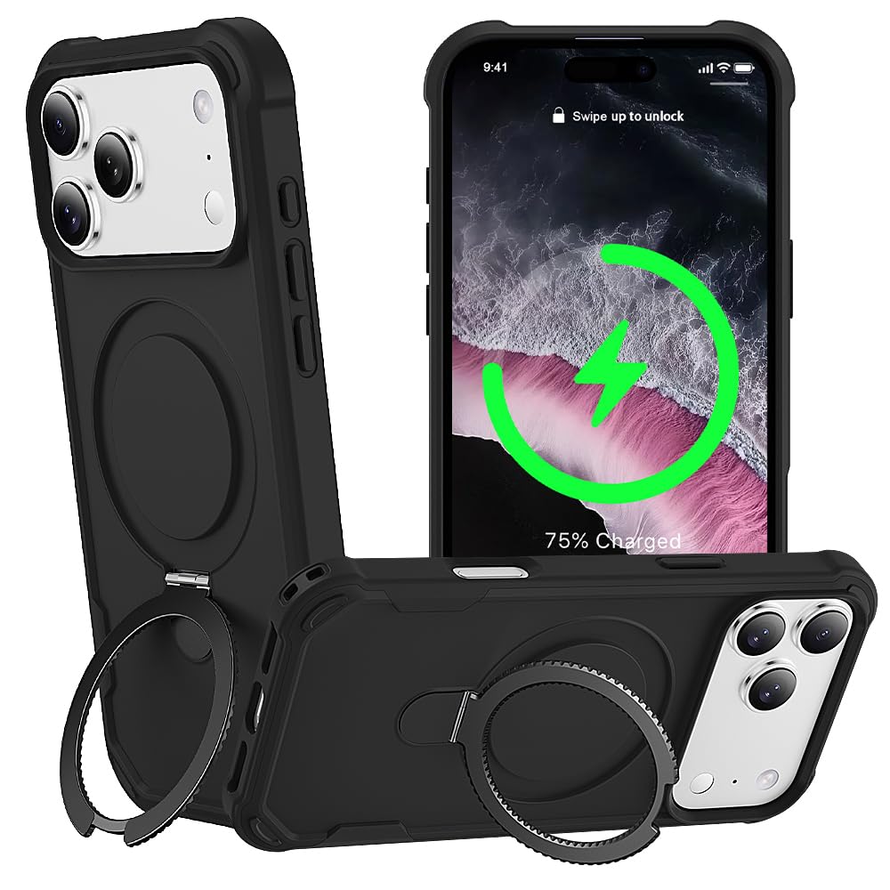 Photo 1 of CHAOFEnG Designed for iPhone 17 Pro Case with Magnetic Stand [Military Drop Protection][Compatible with Magnet] Shockproof 17 Pro Phone Case with Ring Holder, Black
