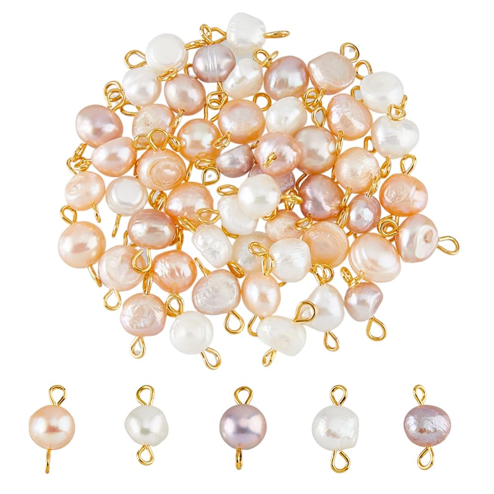 SUPERFINDINGS 50Pcs Freshwater Pearls Dangles Connector Charms Pearl Beaded Connector Charm with Gold Stainless Steel Loops Irregular Pear Charms for DIY Earrings Jewelry