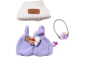 BALABOLA Clothes for 17cm Doll(Clothes Only) – 3-Piece Outfit Set with Knitted Hat, Purple Overall, and a Camera Bag – 17cm Doll Accessories
