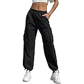 Women's High Waisted Cargo Pants Baggy Trendy Hiking Parachute Pants with Pockets Y2K Cargo Trousers Drawstring Ankles Black