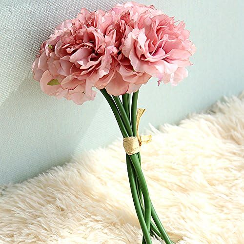 UXELY Fake Flowers, Artificial Bouquet 5 Heads Peony Silk Flower Fake Leaf Home Wedding Party Decor, Fake Flowers for Home Party Wedding Decoration (Pink)