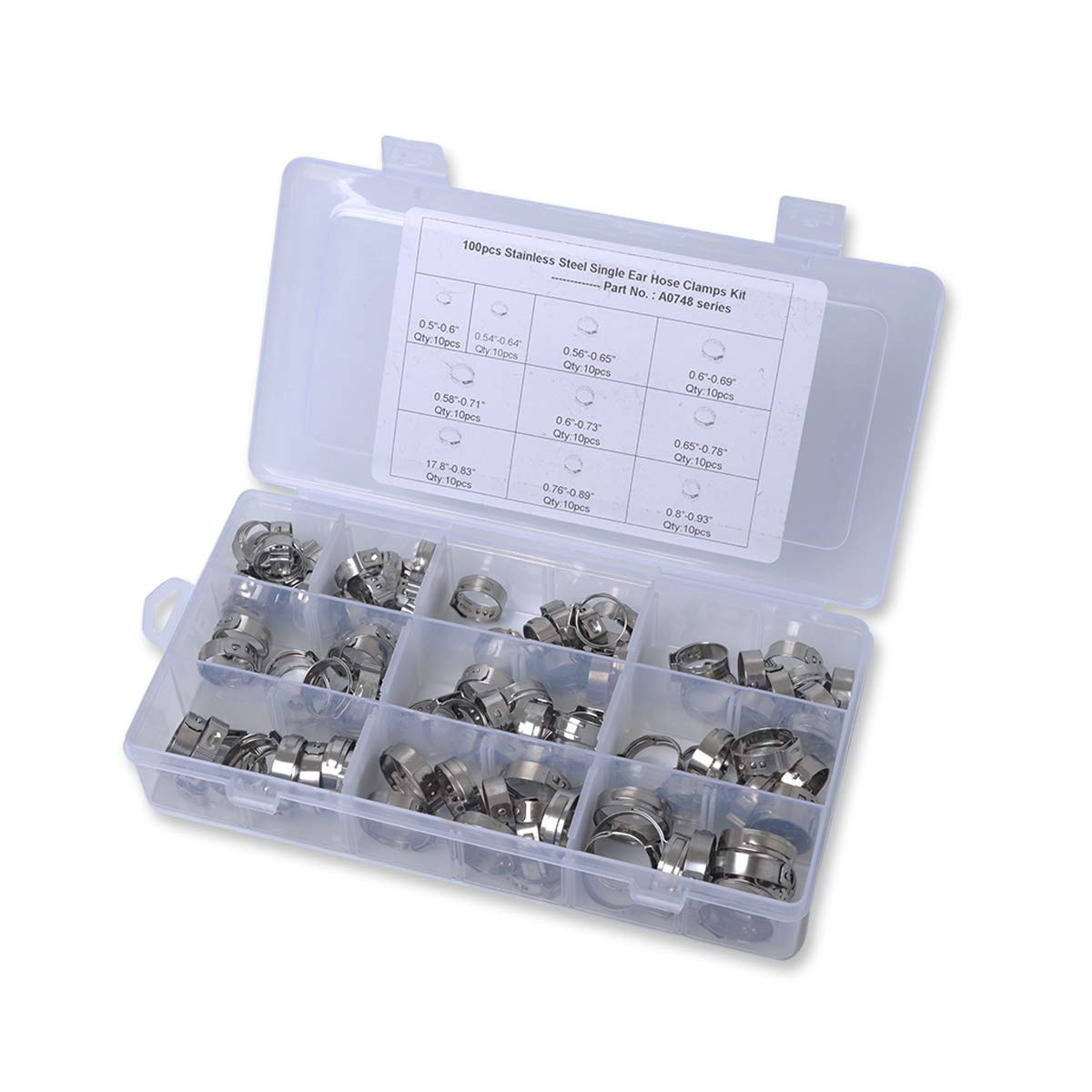 Namvo 100Pcs Hose Clamp Kit, 304 Stainless Steel Single Ear Stepless Clip Rings Hose Clips, 10 Sizes Assorted Kit, Pipe Clamp for Plumbing Automotive and Water Supply Application