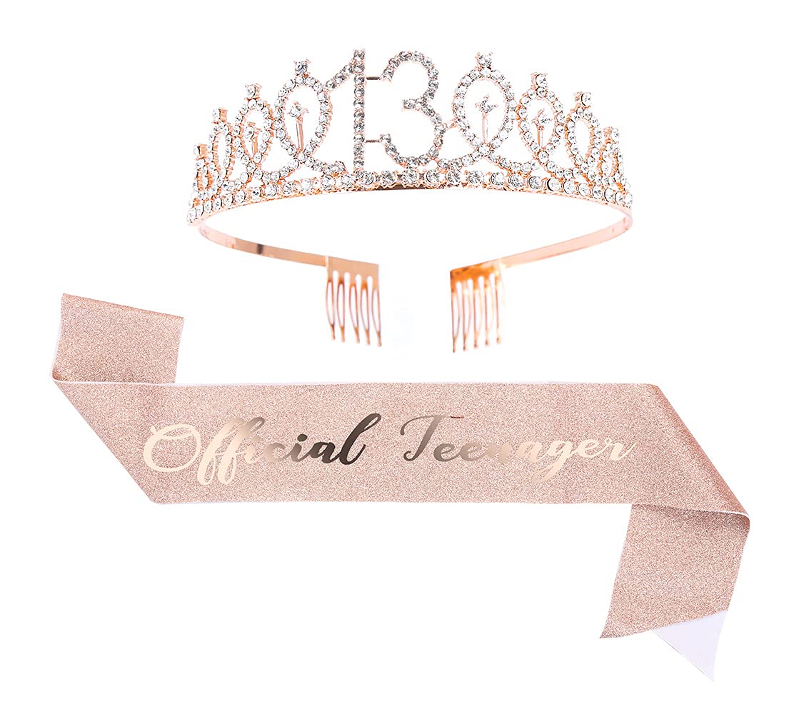 Topfunyy 13th Birthday Tiara and Sash Set - Teenager Sash Rose Gold Crystal Crown Birthday Gift for Girls 13th Birthday Party Supplies