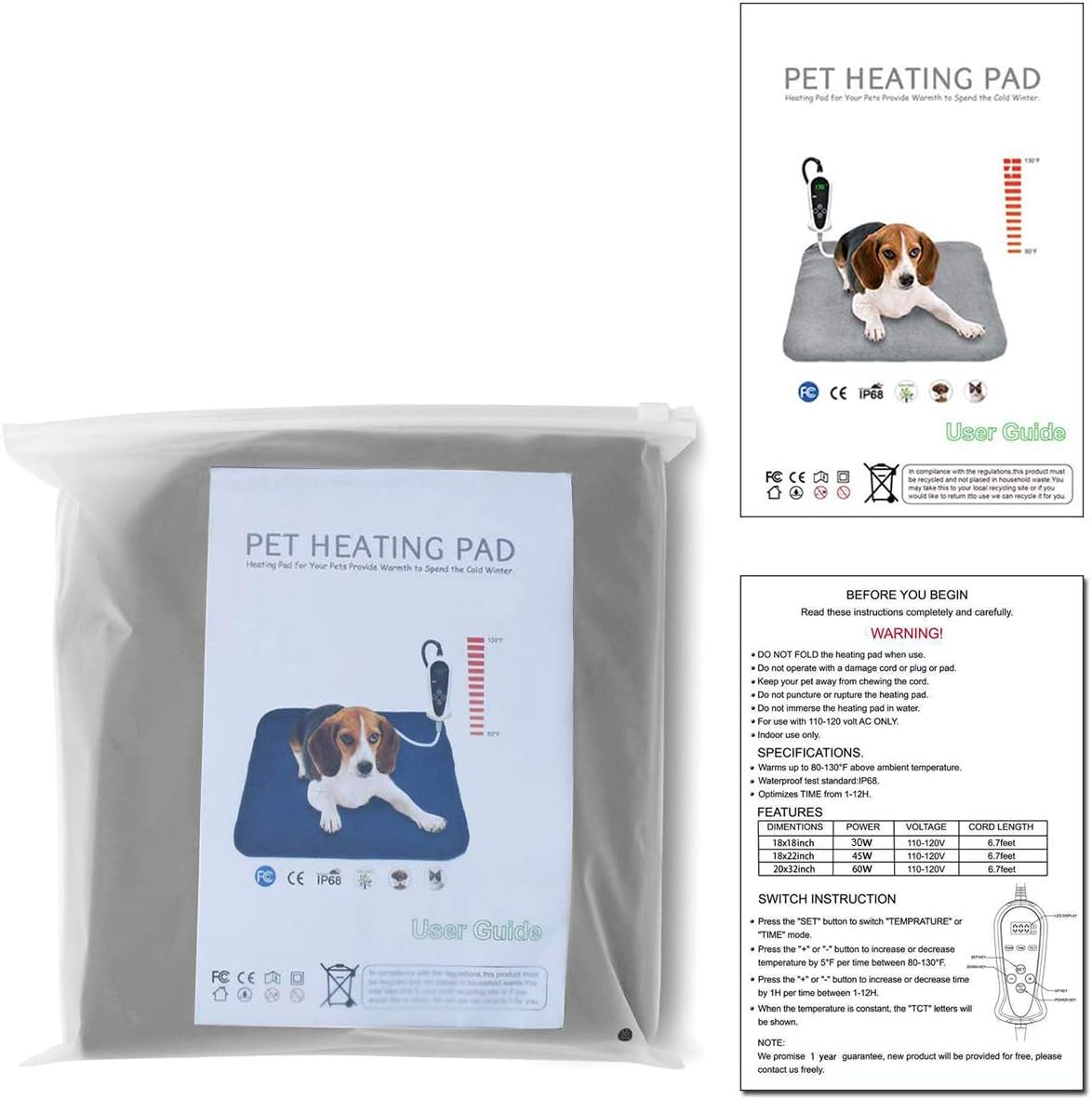 RIOGOO Pet Heating Pad Large, Upgraded Electric Dog Cat Heating Pad Indoor Waterproof, Auto Power Off (L:22X18 inch) : Pet Supplies