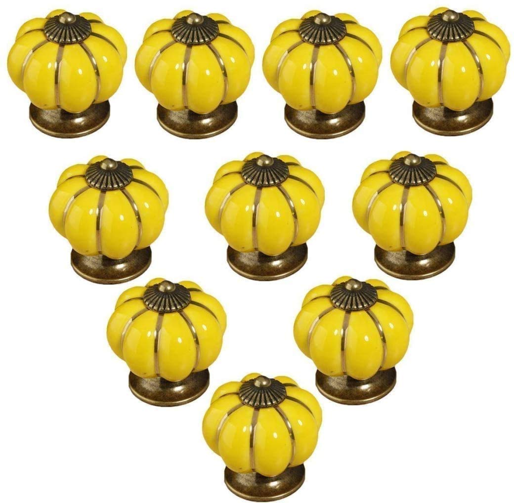 POFET 10pcs Ceramic Door Knobs Vintage Pumpkin Cabinet Drawer Pulls Cupboard Handles Furniture Home Decoratin Yellow
