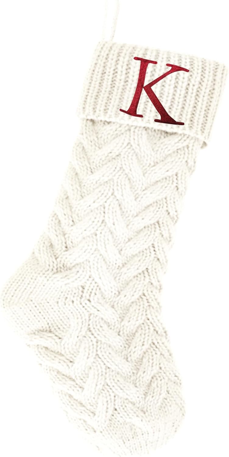 Stockings & Holders - Kunyida 18 Inches Personalized Initial Monogram Christmas Stockings Ivory Family Xmas Stockings for Fireplace and Home Decor,Embroidered Letter K