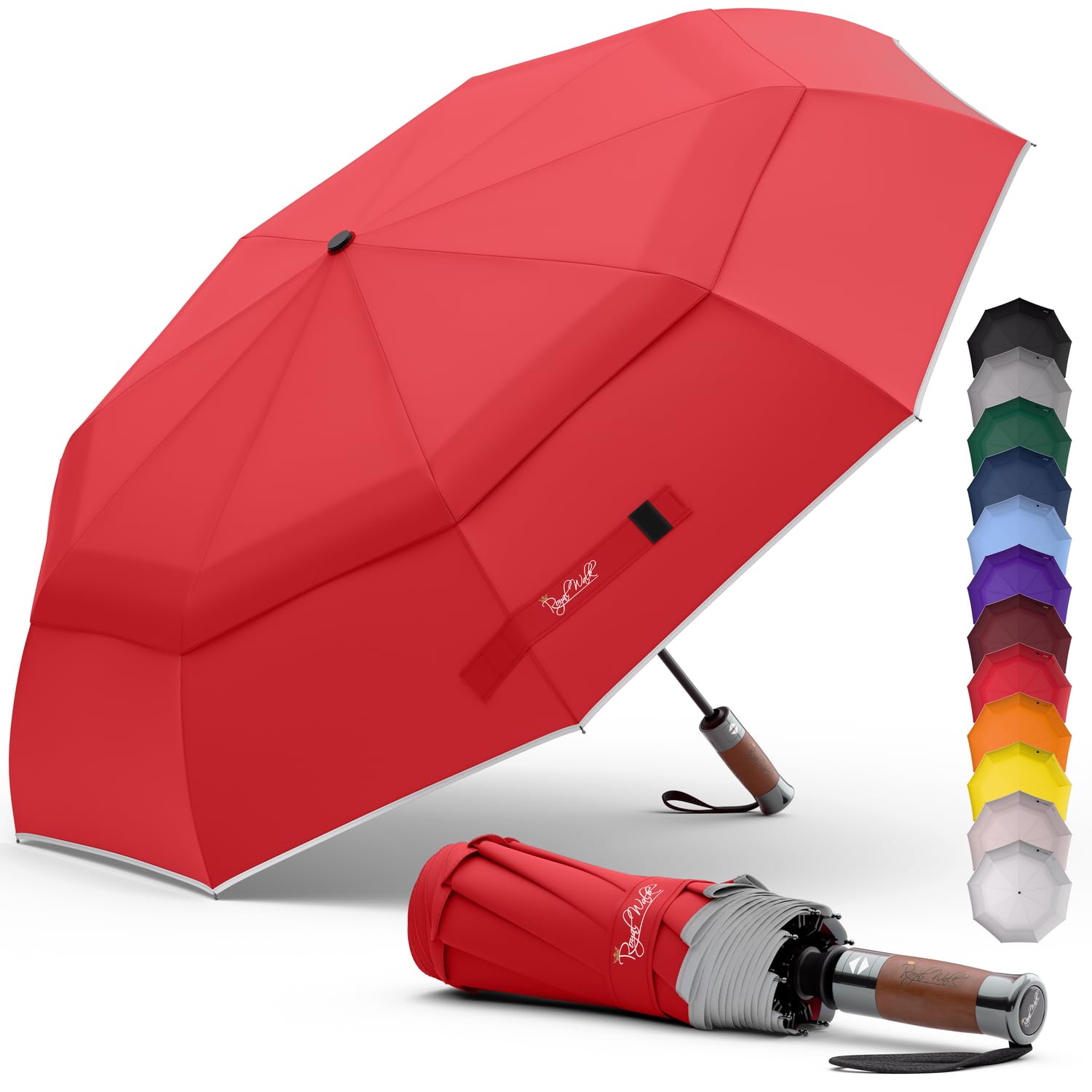 Royal Walk Windproof Folding Travel Umbrella Compact and Strong Luxurious Real Wood Handle Automatic Open Close Vented Double Canopy for Men and Women (Red) — image 1