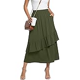 KUOTAI High Waisted Ruffle Tiered Midi Skirts for Women Boho Flowy A Line Summer Beach Long Maxi Skirt with Pockets