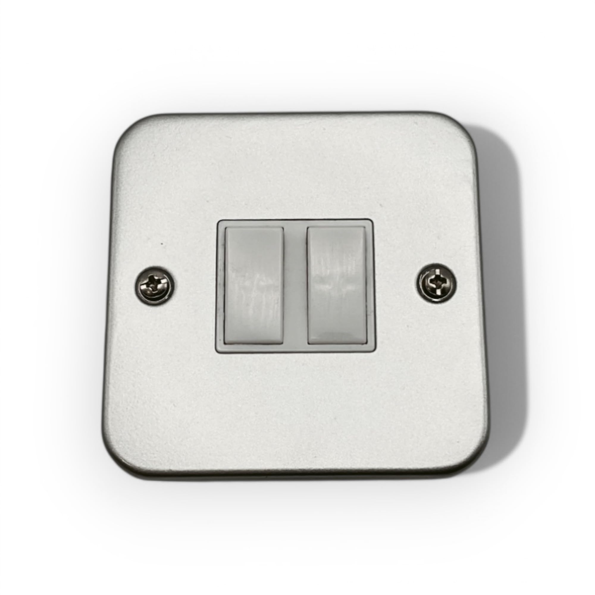 Invero 2 Gang 2 Way Metal Clad Light Switch 10A - Durable Metal Finish with Surface Mounting Back Box for Garages, Workshops, and Industrial Use