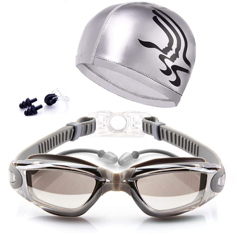 Adjustable Swimming Goggles & Cap Set, No Leak Anti-Fog UV Protection Triathlon with Nose Clip Ear Plugs Case for Adult Men Women Youth (Silver)